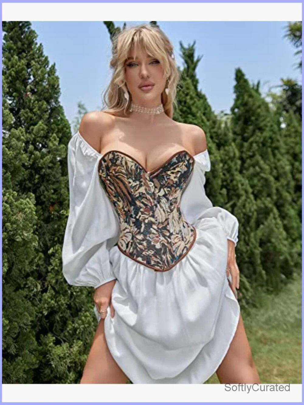 Womens Vintage Floral Denim Overbust Corset Bustier Top